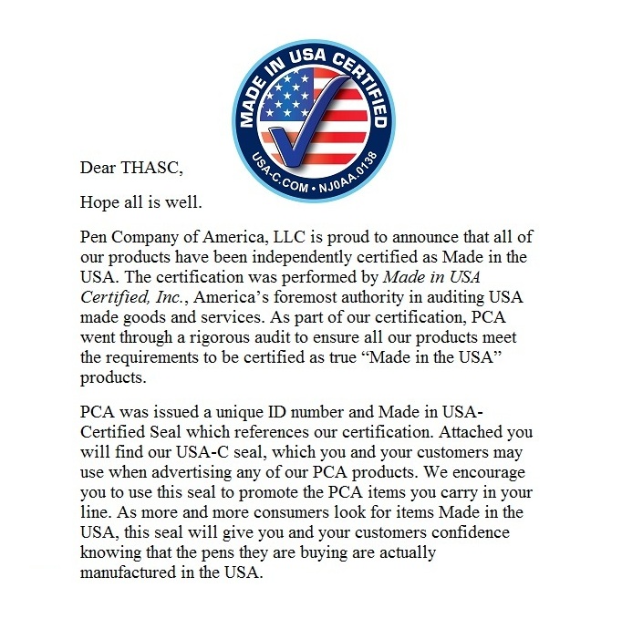 PCA Letter - Certified Made In USA